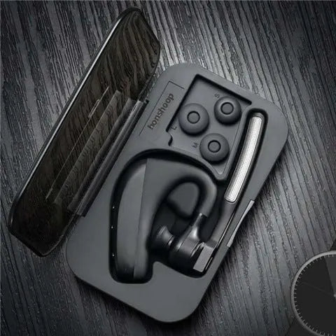 Black true wireless Bluetooth headset with charging case showing separate left and right earpieces