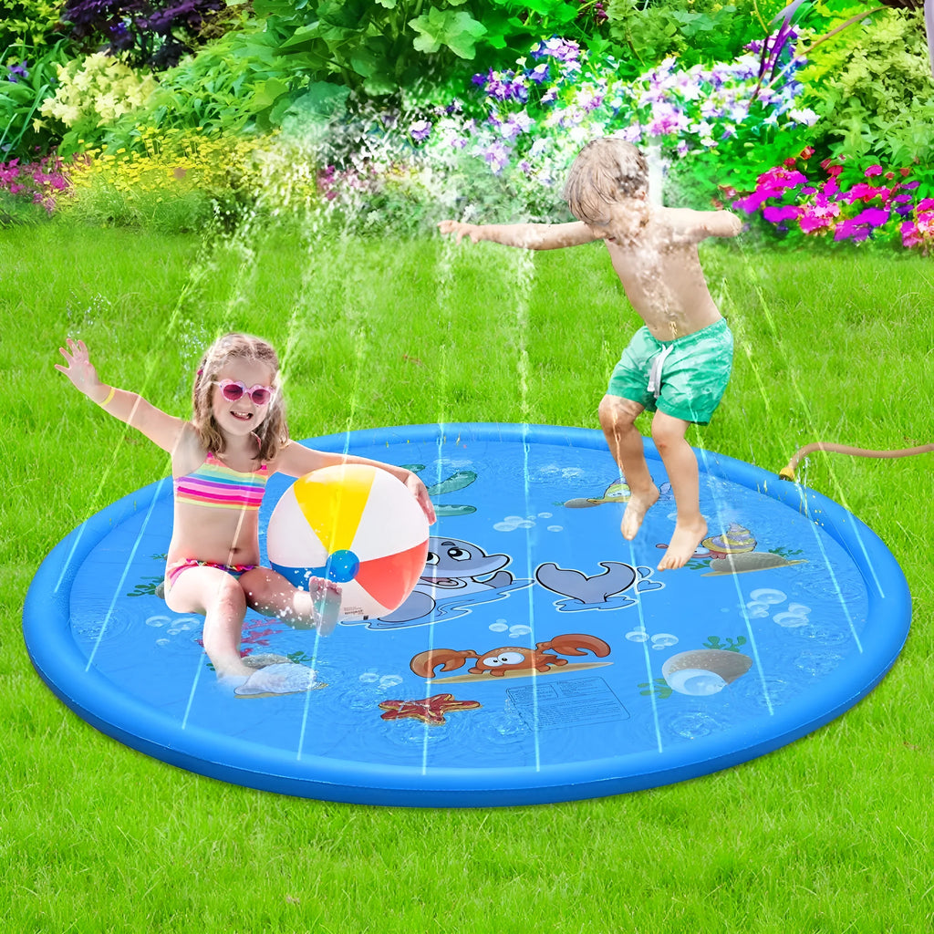 Blue PVC children's water spray play mat with marine animal designs laid flat on grass.