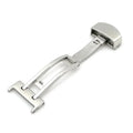 Silver stainless steel single-side folding watch clasp on a white background, showing five size options from 14mm to 22mm.