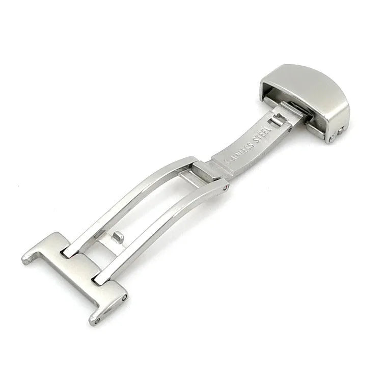 Silver stainless steel single-side folding watch clasp on a white background, showing five size options from 14mm to 22mm.