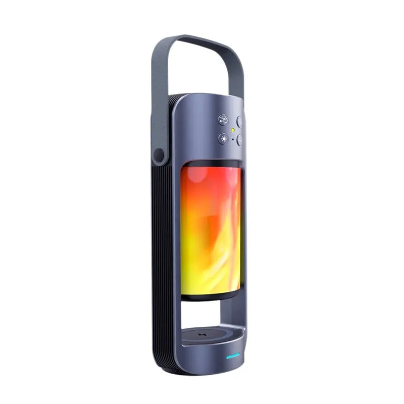 Alpha Flame Light Bluetooth Speaker showing decorative yellow flame effect and wireless charging pad.