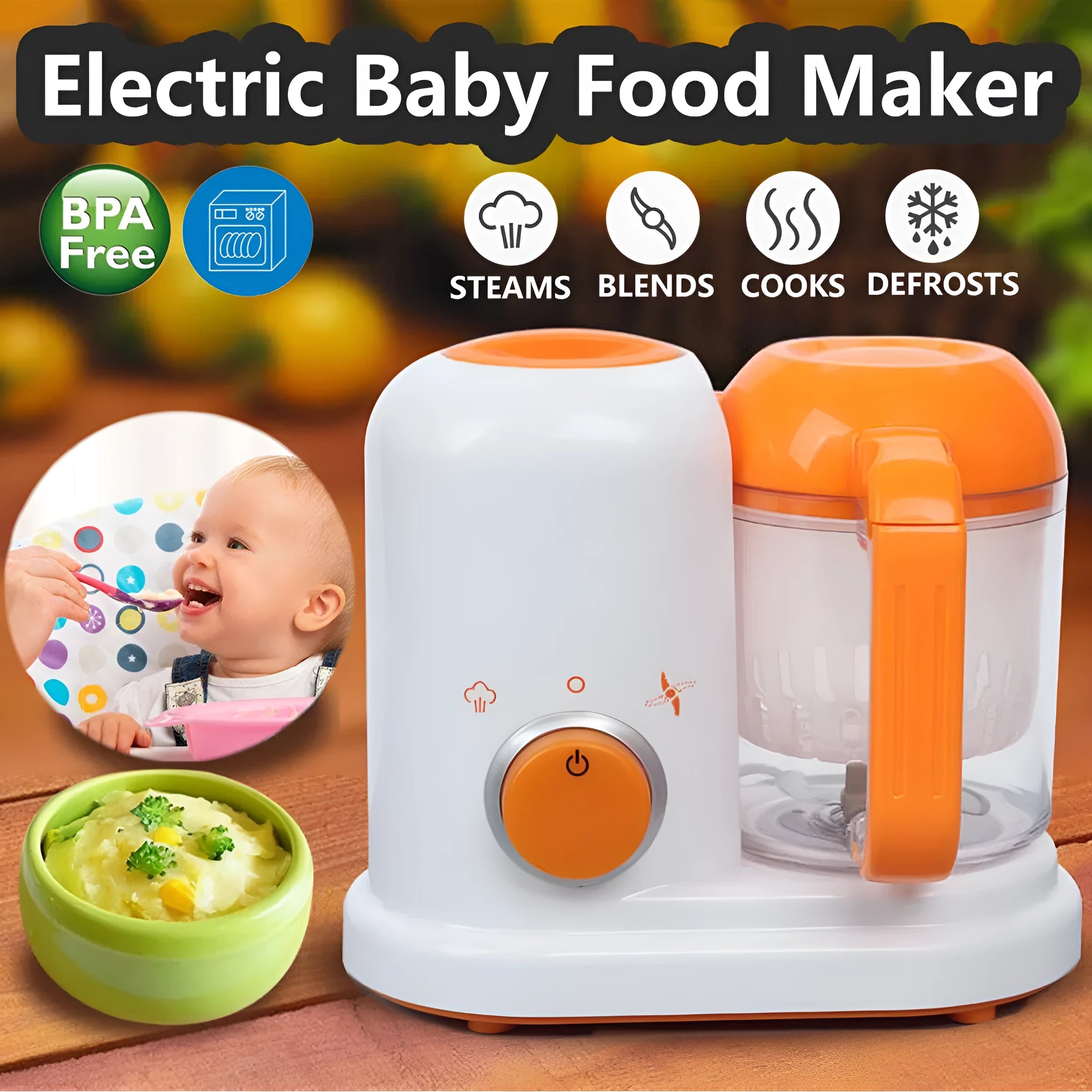 Multi-function baby food processor in light green with steam and stir functions, 190ml capacity, BPA-free materials
