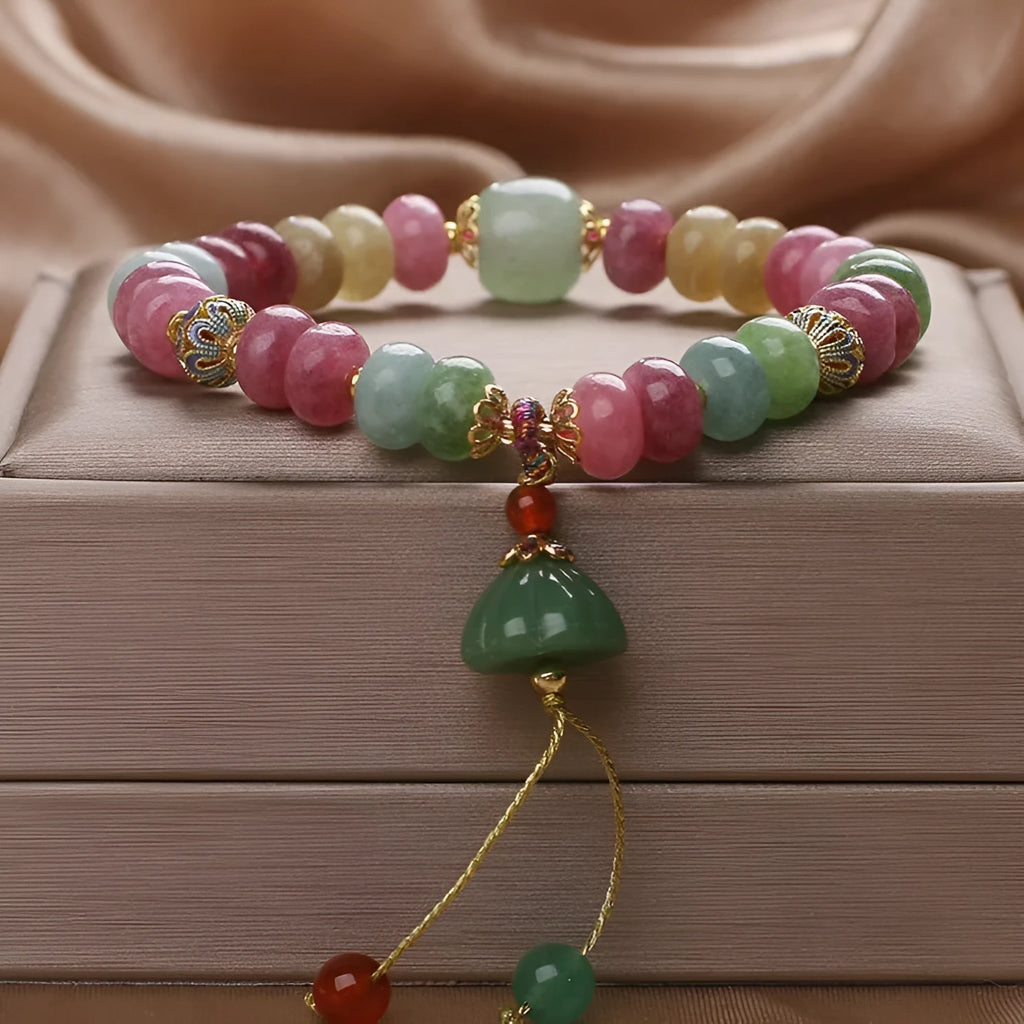 Chinese style natural colour tourmaline bracelet with floral lotus seedpod pendant for women