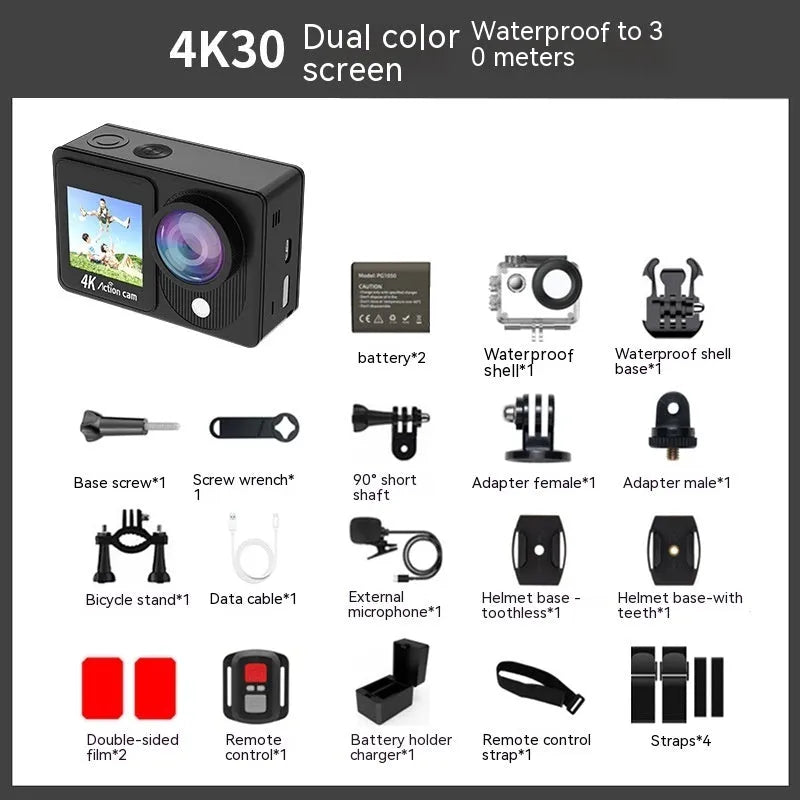 4K60 waterproof action camera with dual colour screen and 30m housing on a white background