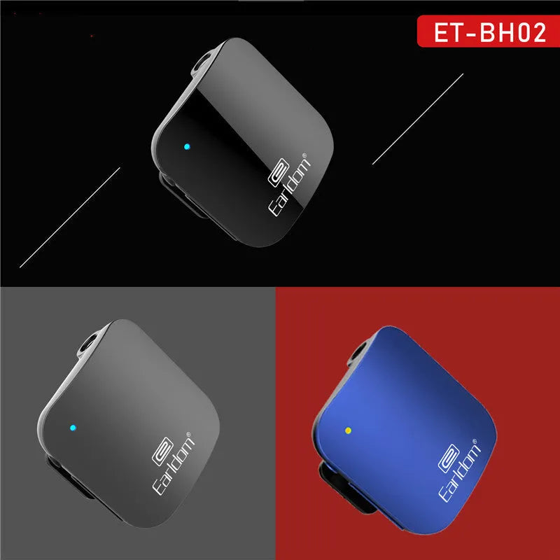 Black Bluetooth lavalier headset with earpiece and control unit, shown with packaging.