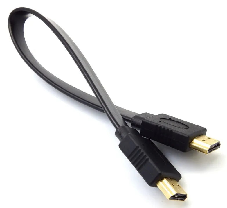Flat black HDMI cable with male connectors showing length options for tidy AV setup