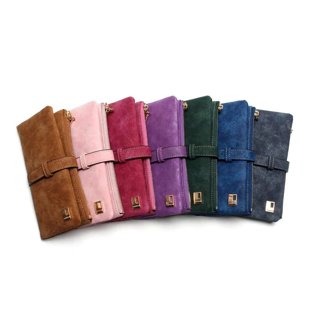 Women's vertical long wallet in matte PU leather with a drawstring zip closure, shown in army green.