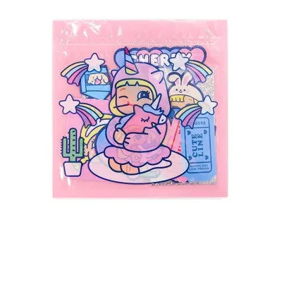 Korean cartoon sticker set showing square PVC designs with storage box