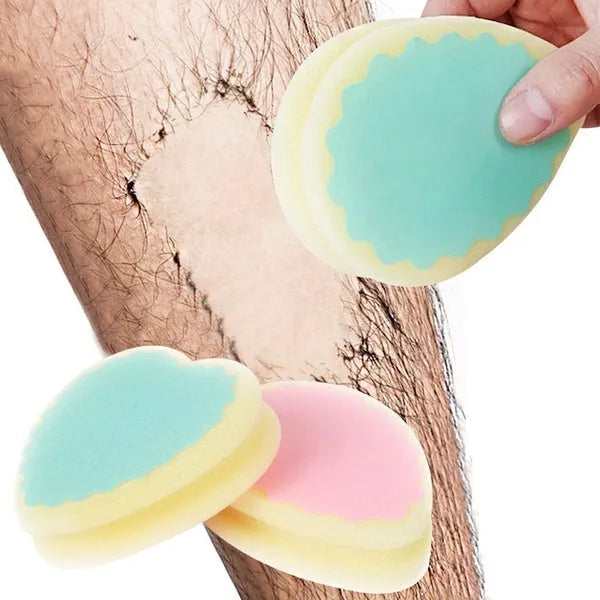 Pink and green reusable hair removal sponge pad in water drop shape, 9x10cm