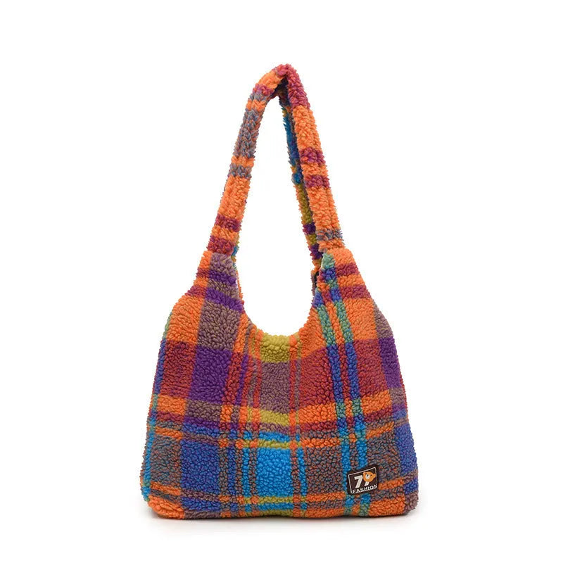 Women's plaid shoulder crossbody tote bag in soft plush material with 40x44x9cm dimensions
