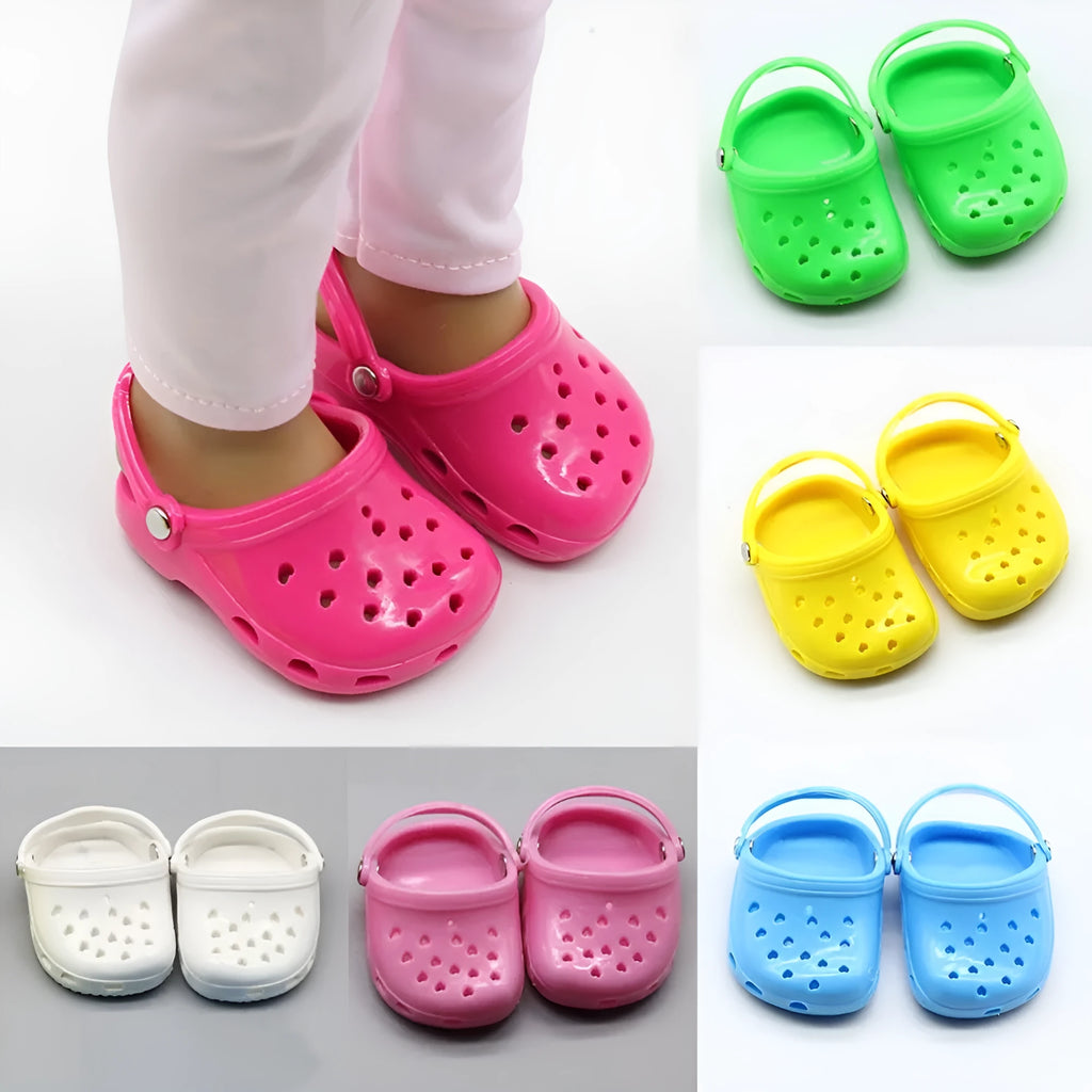 Plastic doll beach slippers accessory in blue, red, yellow, and green colours for fashion dolls