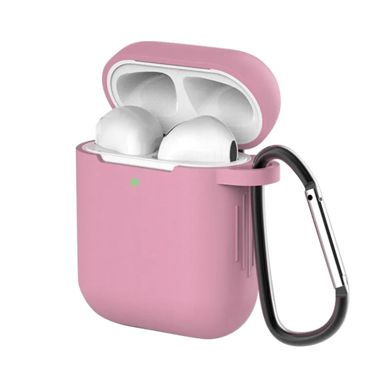 Liquid silicone clam-shell cover for Apple AirPods 1st and 2nd generation charging case.