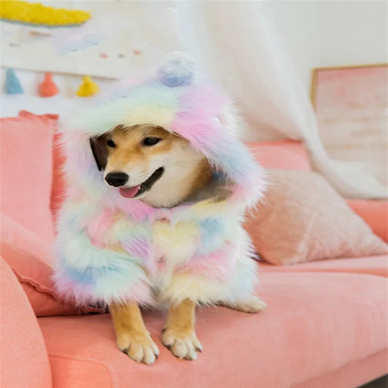 Colourful rainbow little monster pet winter coat in cotton polyester blend, sizes XS to XL