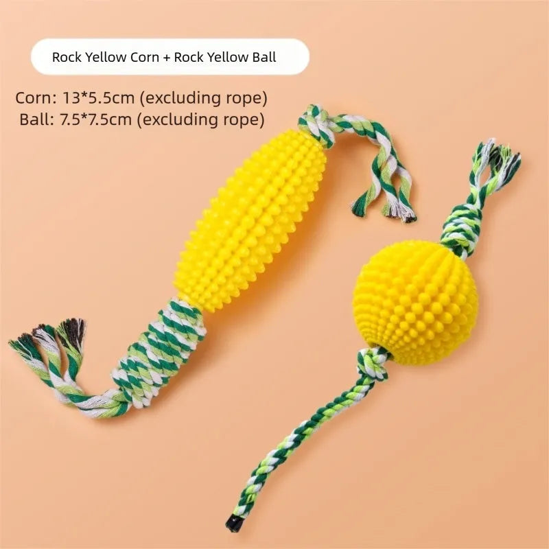 Corn-shaped dog chew toys in yellow and green with rope knots and a yellow ball for small to medium dogs