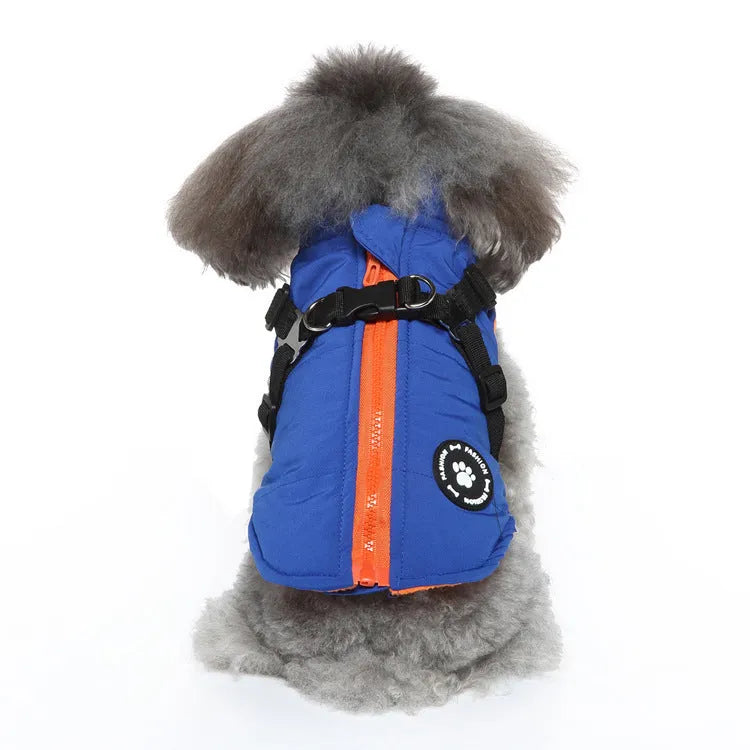 Polyester chest strap dog jacket with cotton padding in black, blue, green, or red