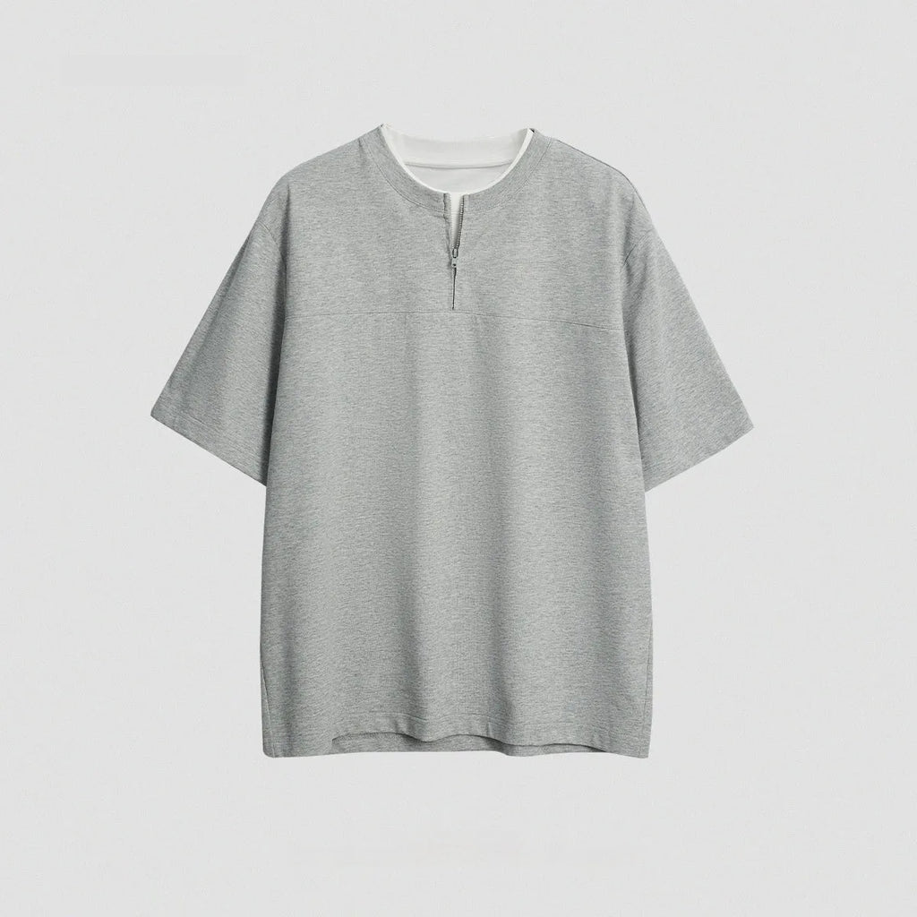 Cotton blend loose fit patchwork top in solid colour with zip false two-piece design