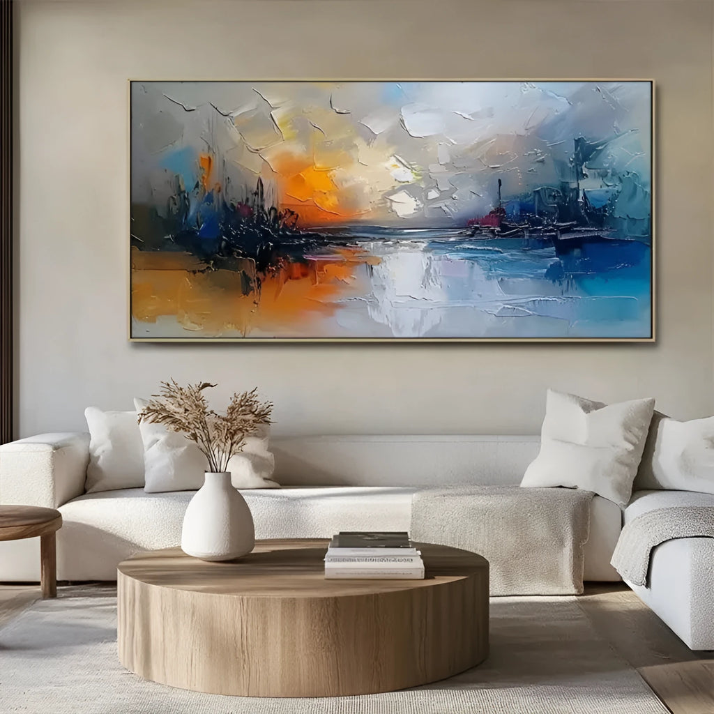 Abstract modern horizontal handmade oil painting on canvas, large wall art for living room or hotel