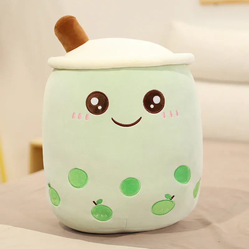 Cute fruit drink plush cushion in pink strawberry shape with embroidered face on short plush fabric