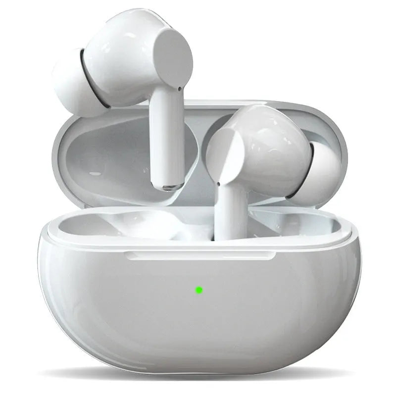 Pro4 black and white Bluetooth earbuds inside their rectangular charging case.