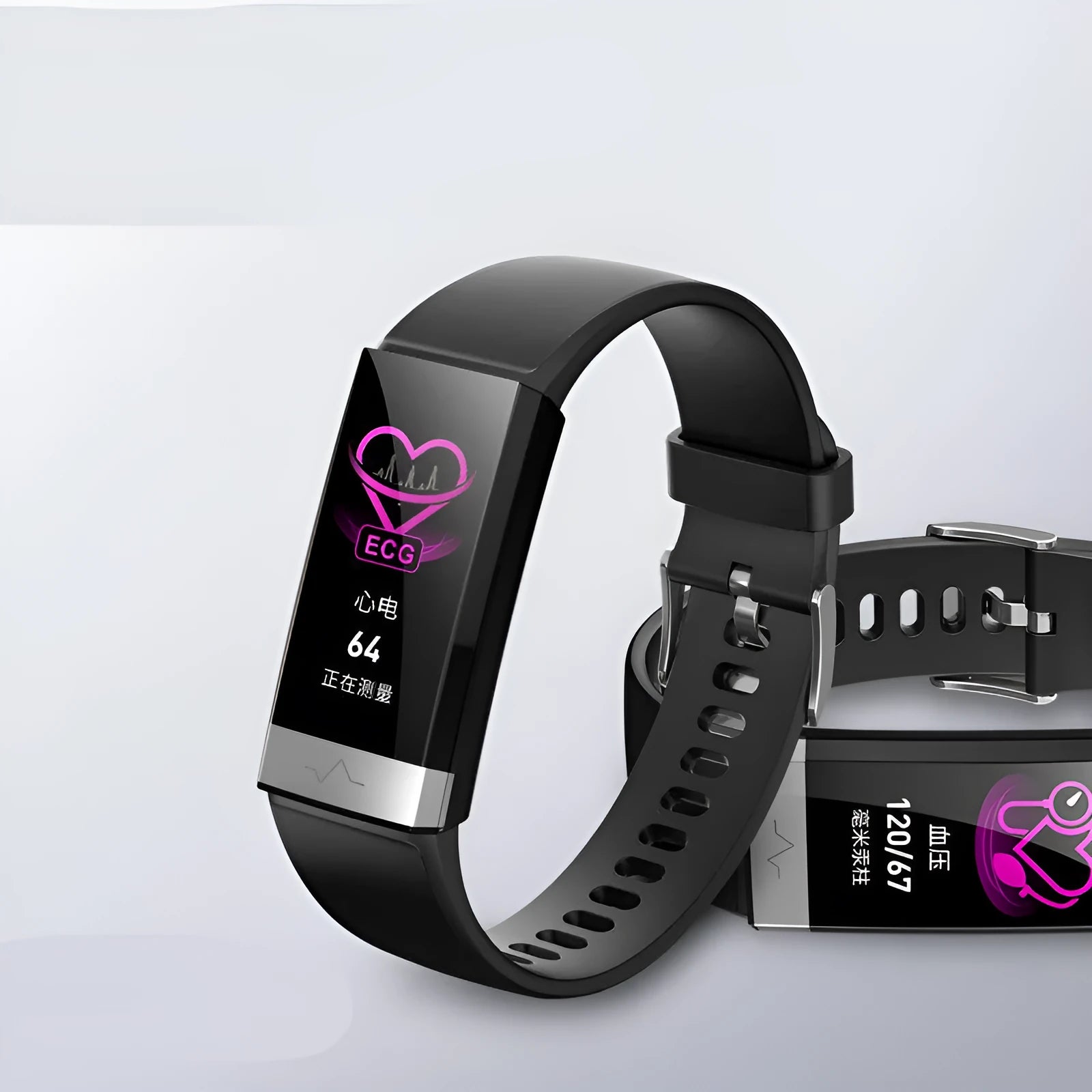 V19 smart health monitoring bracelet with colour display showing ECG and SpO2 readings on wrist
