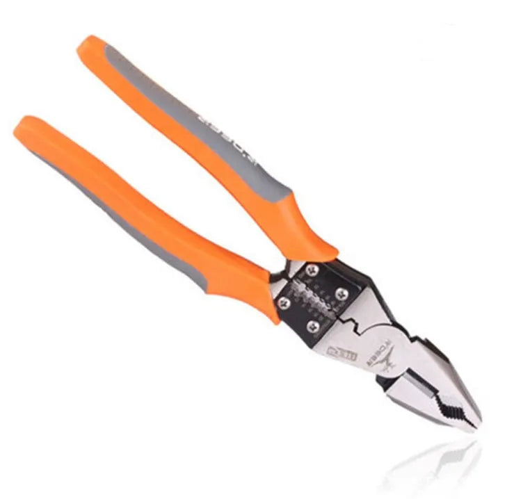Orange multi-function wire cutter pliers with chrome steel head and textured plastic grips.