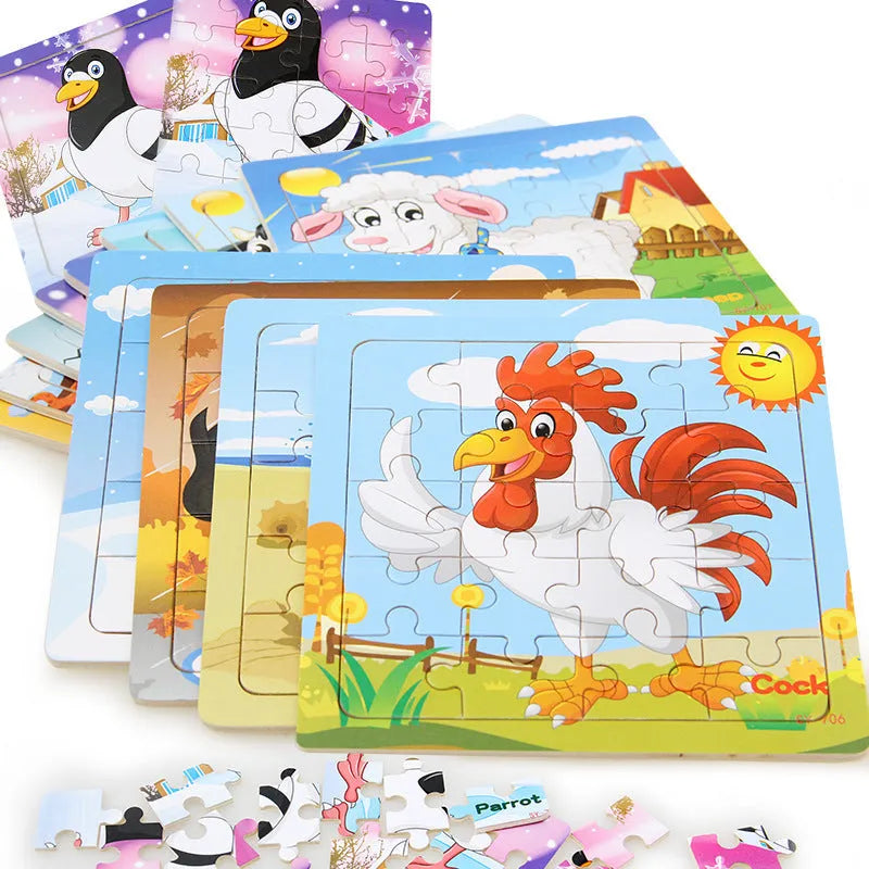 Children's poultry animal wooden puzzle in splint wood with animal colour designs