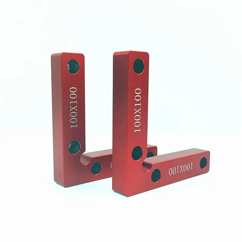 Aluminium right angle positioning block for woodworking with measurement scale.