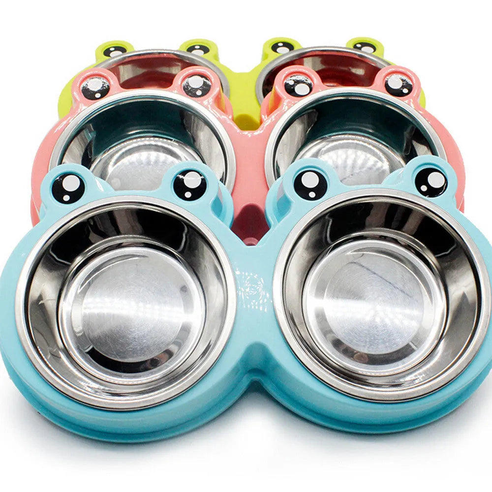 Double pet bowl with stainless steel compartments and pink ABS outer rim, 28cm long