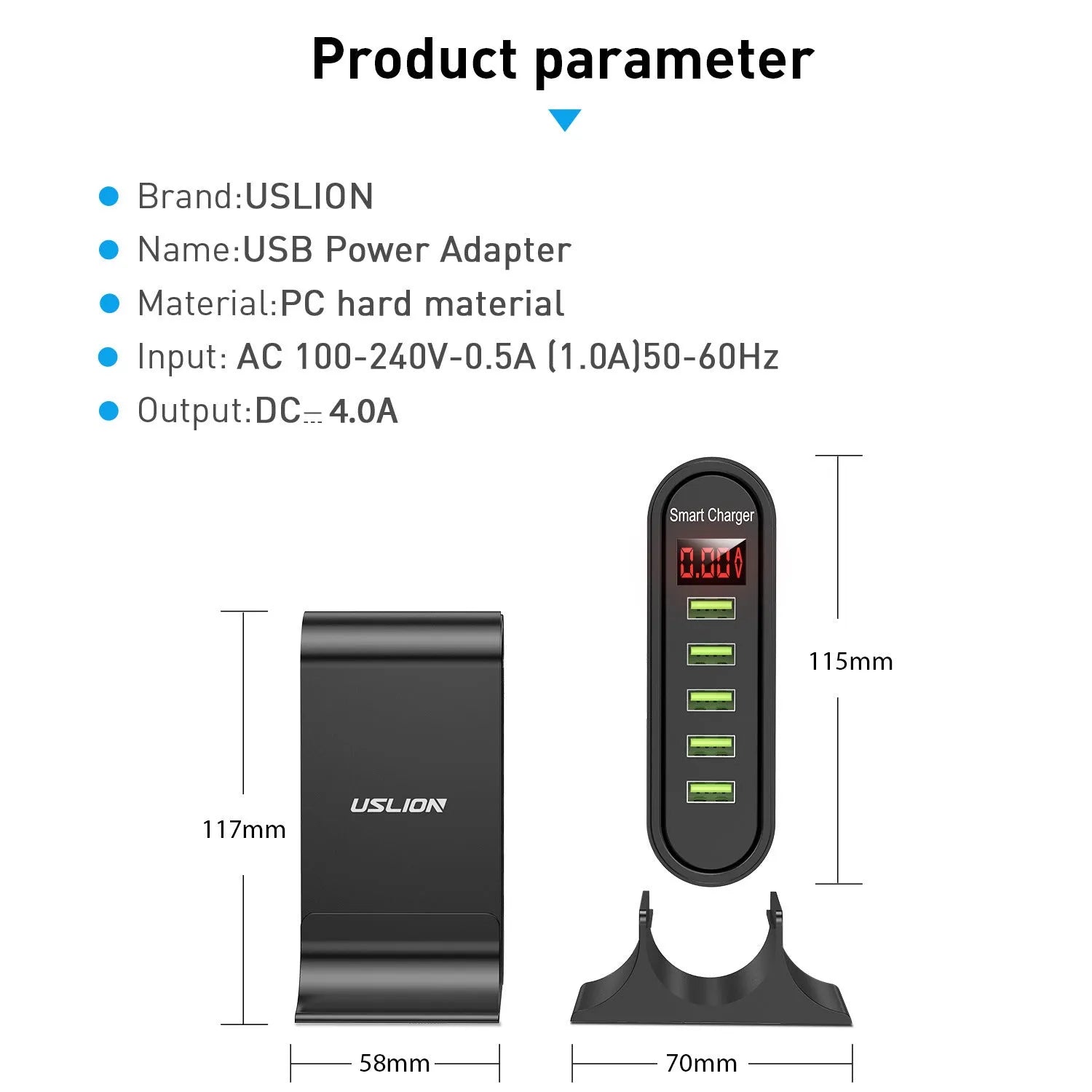 Smart LED digital display USB wall charger with selectable EU, UK, or US plug styles in black and white.