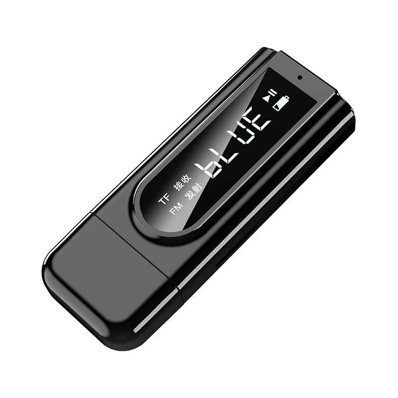 Black USB car FM bluetooth receiver with USB port and AUX input socket.