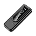 Black USB car FM bluetooth receiver with USB port and AUX input socket.