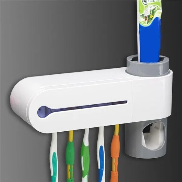 3-in-1 toothbrush holder with UV sterilizer and toothpaste dispenser, wall mounted, white ABS