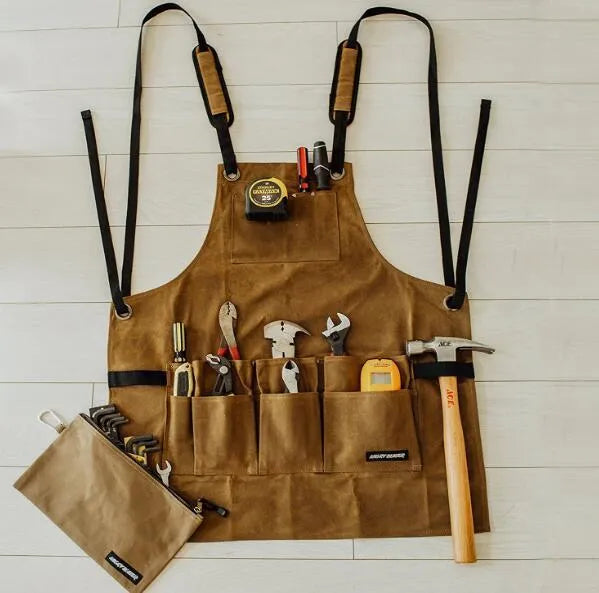 Yellow waxed canvas minimal apron with leather webbing adjustable for men and women