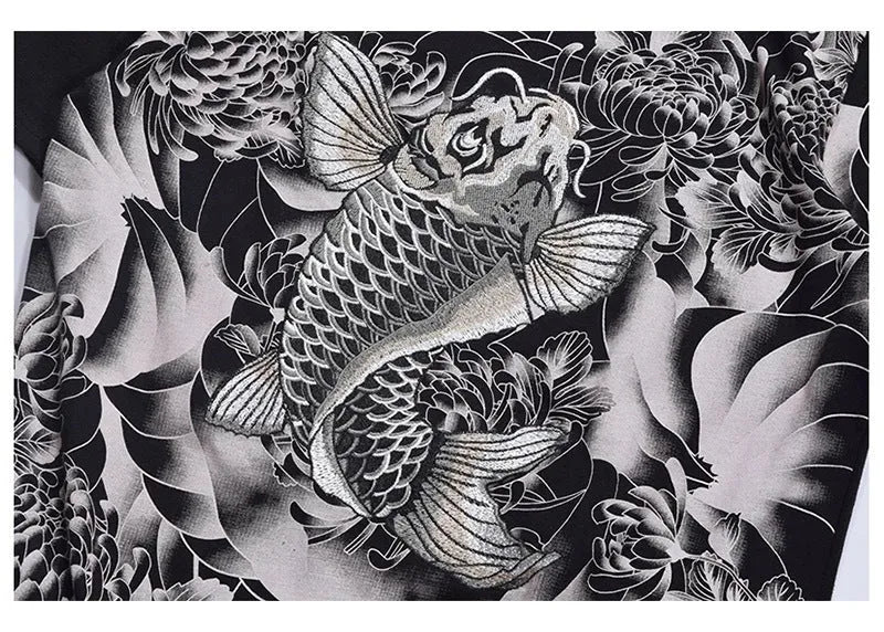 Chinese style embroidered T-shirt with squid tattoo design, pure cotton, loose fit, round neck, short sleeves, black colour