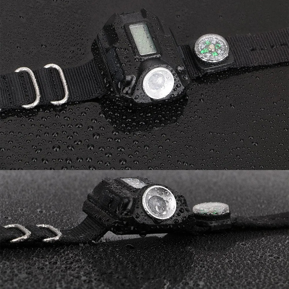 Black LED wrist watch flashlight with USB charging, 4 modes, compass, time display and 22 x 2.4 cm wristband