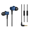 Piston style wired in-ear headphones with 3.5mm jack in black, blue, and red colour options.