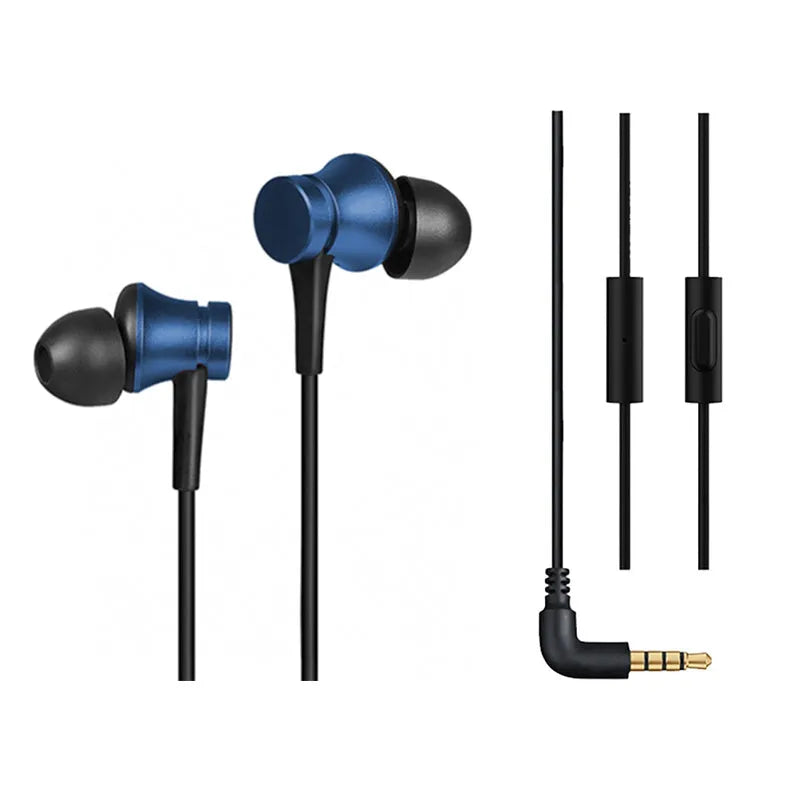 Piston style wired in-ear headphones with 3.5mm jack in black, blue, and red colour options.