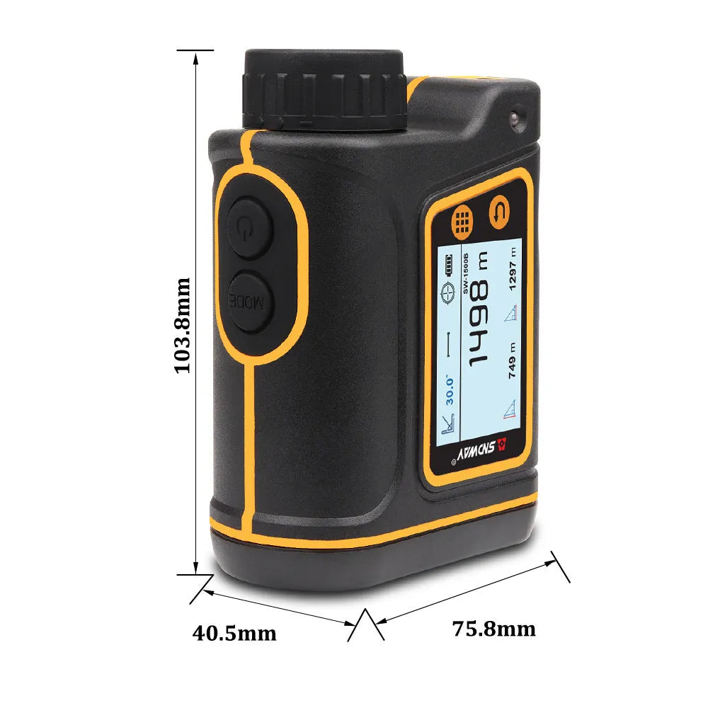 Handheld golf rangefinder device showing compact 104mm x 76.5mm x 41mm size with display screen