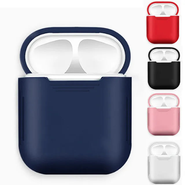 Silicone protective case for Apple AirPods with antiloss rope attached, shown in multiple colour options.