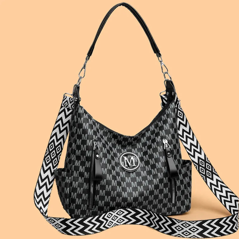Retro simple printed PU leather shoulder messenger bag with sandwich pocket design and double connector straps