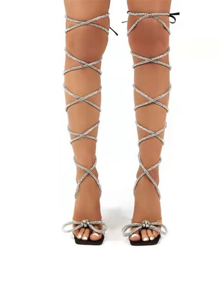 Plus size women's sandals with rhinestone straps in square toe design