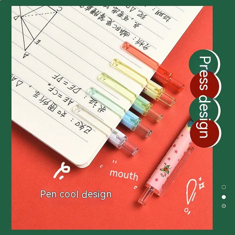 Six Christmas cartoon design plastic gel pens with press mechanisms and black refills