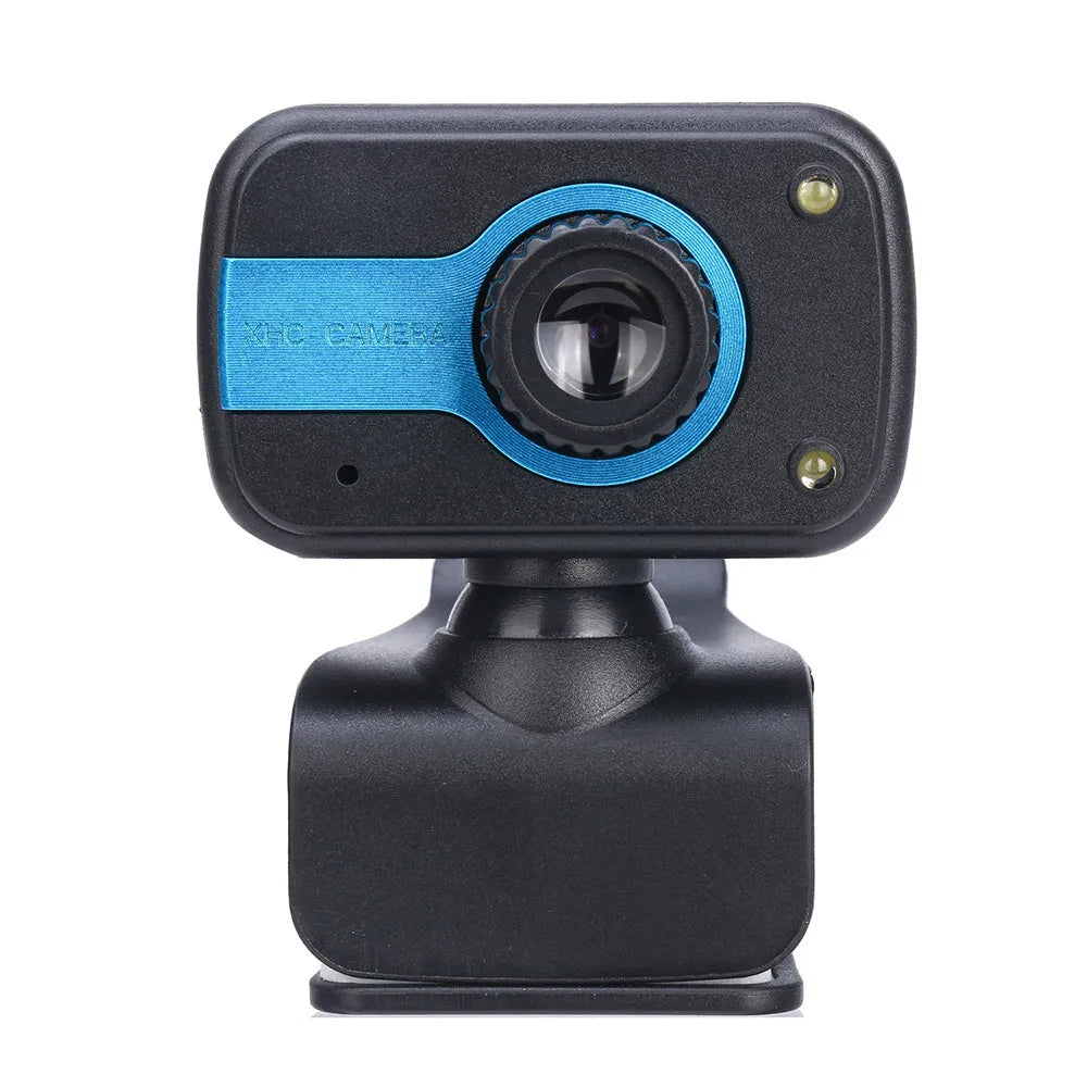 Blue mini USB webcam on a stand showing its 360-degree rotating base and focus ring.