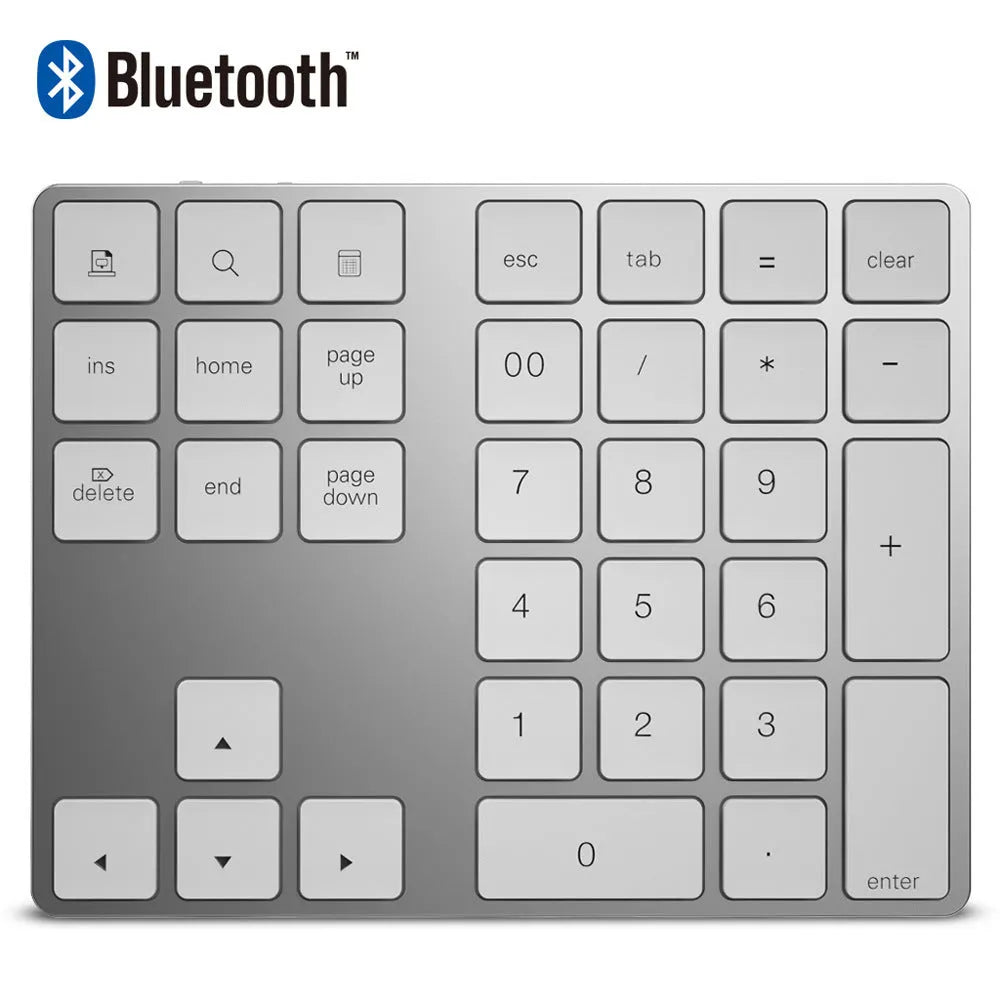 Aluminium Bluetooth numeric keypad with 34 keys in black and silver colour options