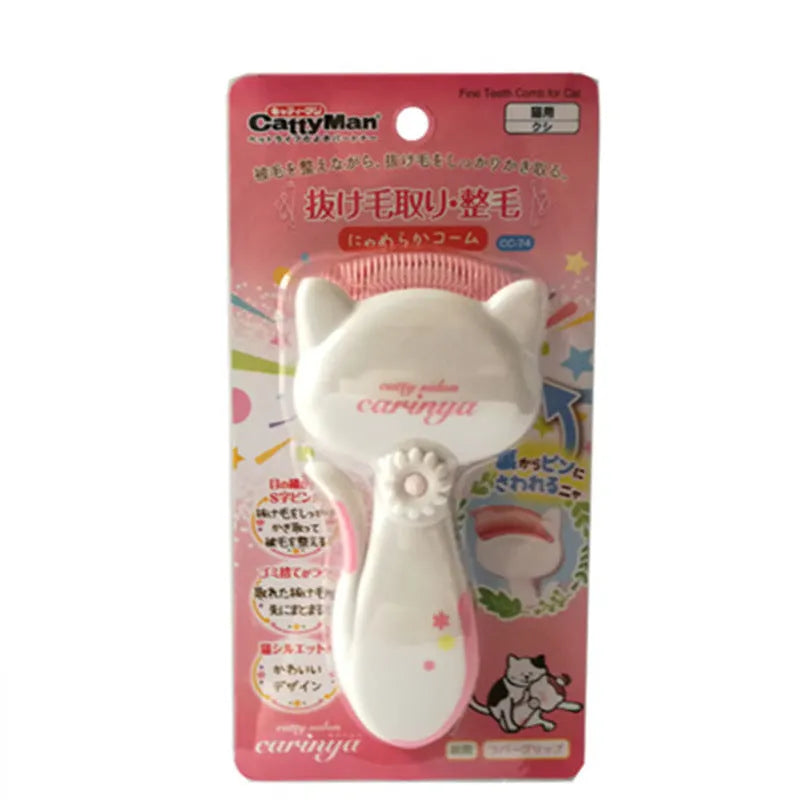 Pink cat comb with nylon bristles and ABS resin body, 7.2cm wide, on white background