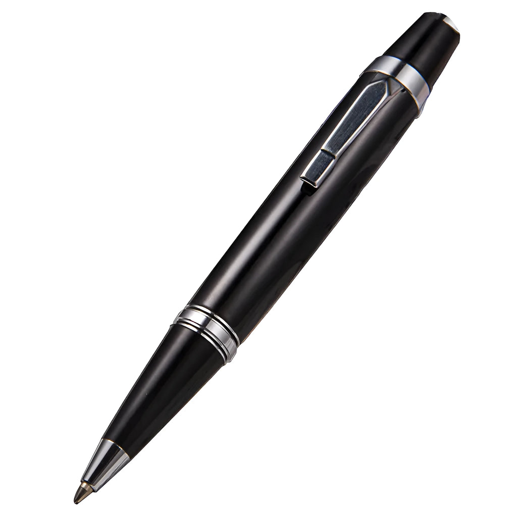 Short black metal ballpoint pen with rotating mechanism shown retracted and extended.