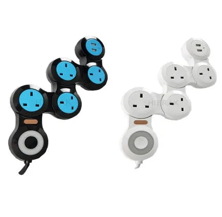 White UK power strip with five sockets, two USB ports, and a long black power cord.