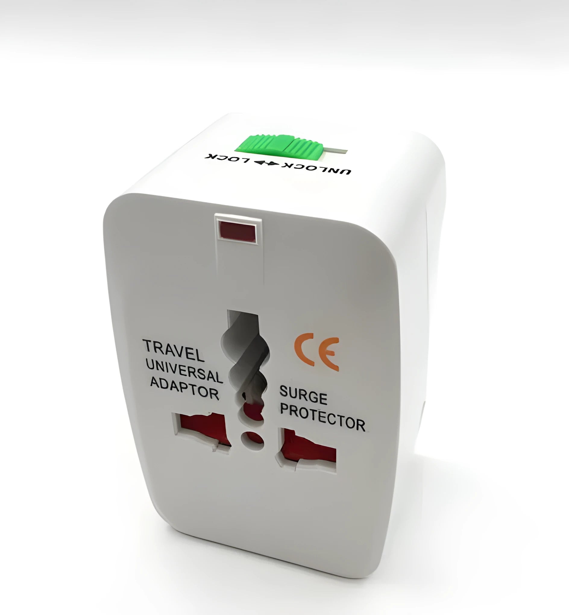 Compact white universal travel plug adapter and charger converter on a grey background.