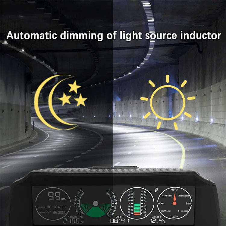 GPS GO 2 car head-up display unit with carbon fibre body on a dashboard, showing speed and angle data on a colour LCD screen.