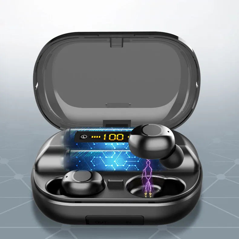 Wireless Bluetooth headset earbud in black with battery display
